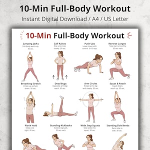 Könnte beinhalten: Ein digitaler Trainingsleitfaden mit dem Titel "10-Min Full-Body Workout" mit Übungsillustrationen. Die Übungen umfassen Hampelmänner, Liegestütze, Kniebeugen und Dehnübungen. Der Leitfaden ist als Sofortdownload in A4- und US-Letter-Größe verfügbar.
