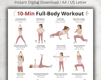 Entrenamiento de cuerpo completo de 10 minutos imprimible, tabla de ejercicios diarios en casa, póster de entrenamiento rápido, ejercicios de cuerpo completo en PDF, arte mural de fitness para principiantes