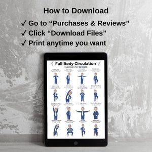 May include: A black tablet displays a guide titled "Full Body Circulation Exercises for Seniors." The guide features illustrations of exercises. Above the tablet, text reads "How to Download" with instructions to access the file.