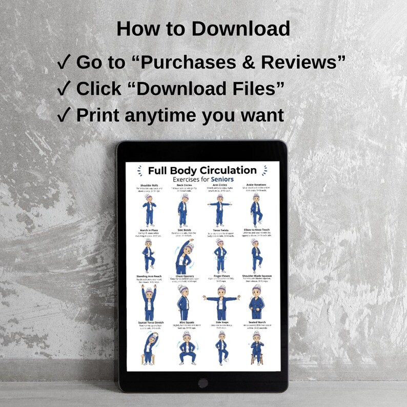 May include: A black tablet displays a guide titled "Full Body Circulation Exercises for Seniors." The guide features illustrations of exercises. Above the tablet, text reads "How to Download" with instructions to access the file.