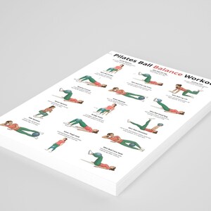 May include: A stack of white paper sheets with a Pilates Ball Balance Workout guide. The guide features illustrations of various exercises, including Reverse Crunches, Knee Squeeze, and Mini Ball Dead Bug. The text is in black and red.