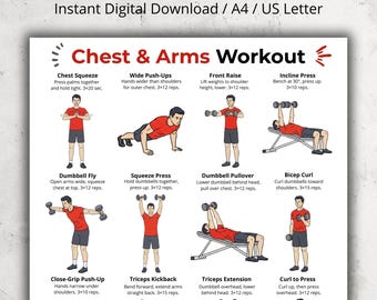 May include: A digital print titled "Chest & Arms Workout" with exercise illustrations. The print includes instructions for various exercises like chest squeeze, push-ups, and dumbbell exercises. The text is in black and red.