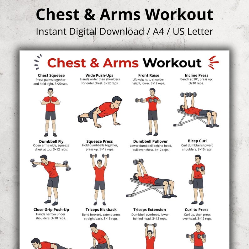 Póster de entrenamiento de pecho y brazos, tabla de ejercicios para la ...