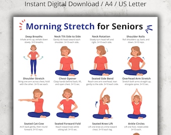 Morning Stretch for Seniors | Gentle Seated & Standing Exercises | Daily Movement Chart for Older Adults Printable | No Equipment Stretch