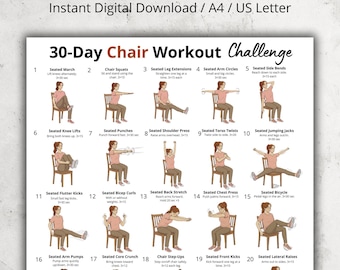 Plan de entrenamiento en silla de 30 días / Tabla de ejercicios sentado / Entrenamiento en silla de oficina sin equipo para personas mayores y principiantes / Fitness de bajo impacto