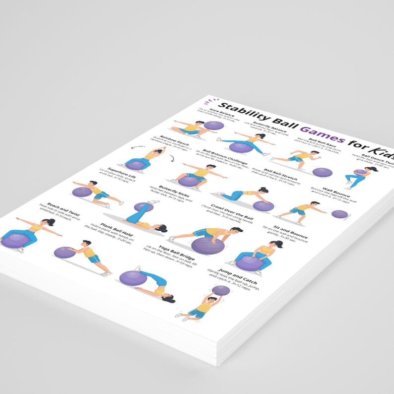 Stability Ball Games for Kids Poster, Exercise Ball Activities Chart ...