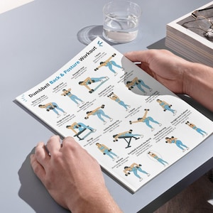 May include: A printed workout guide titled "Dumbbell Back & Posture Workout" is held by a person. The guide features illustrated exercises with dumbbells, including Bent-Over Row, Upright Row, and Overhead Carry. The illustrations show people in blue workout attire.
