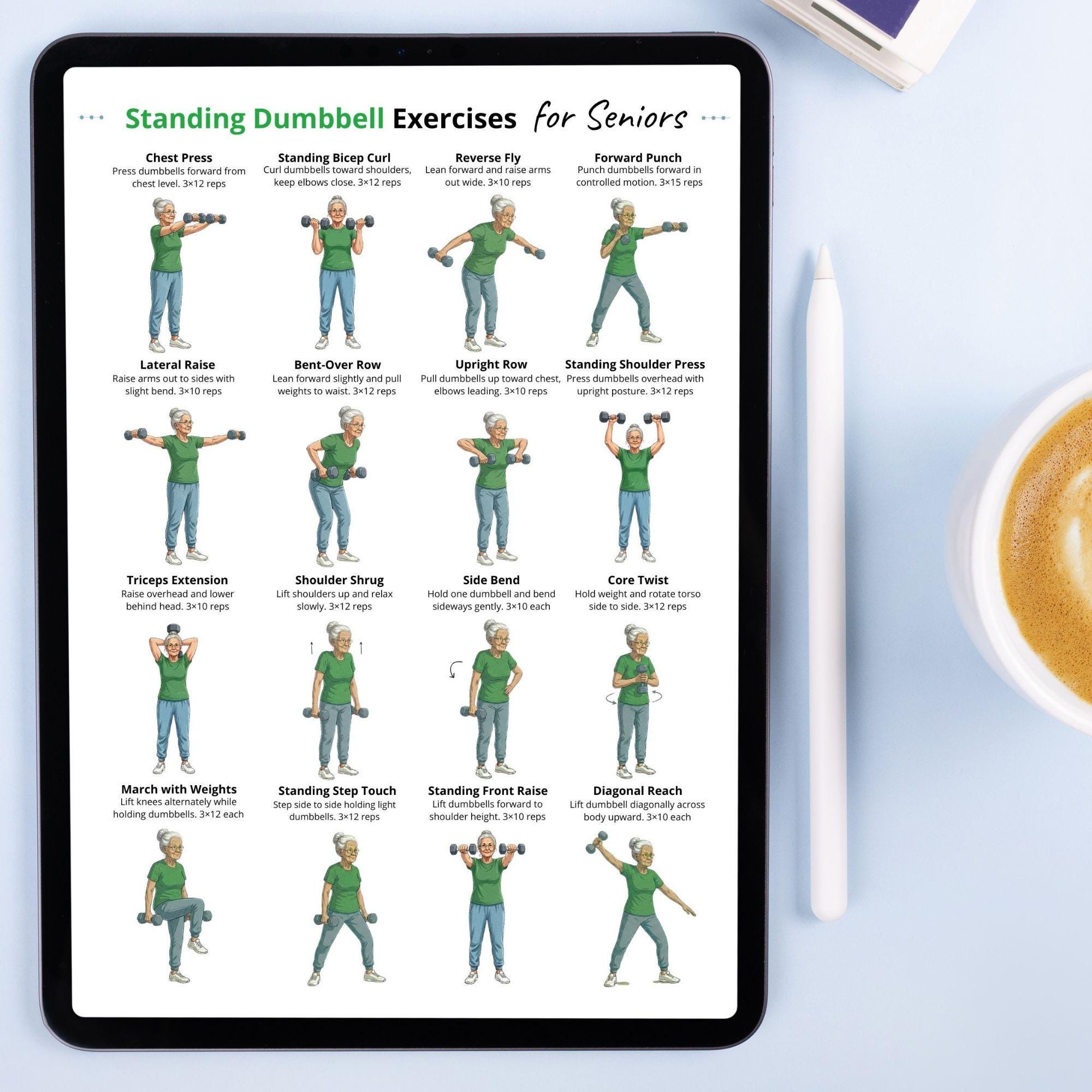 Standing Dumbbell Exercises for Seniors Printable, Senior Dumbbell ...