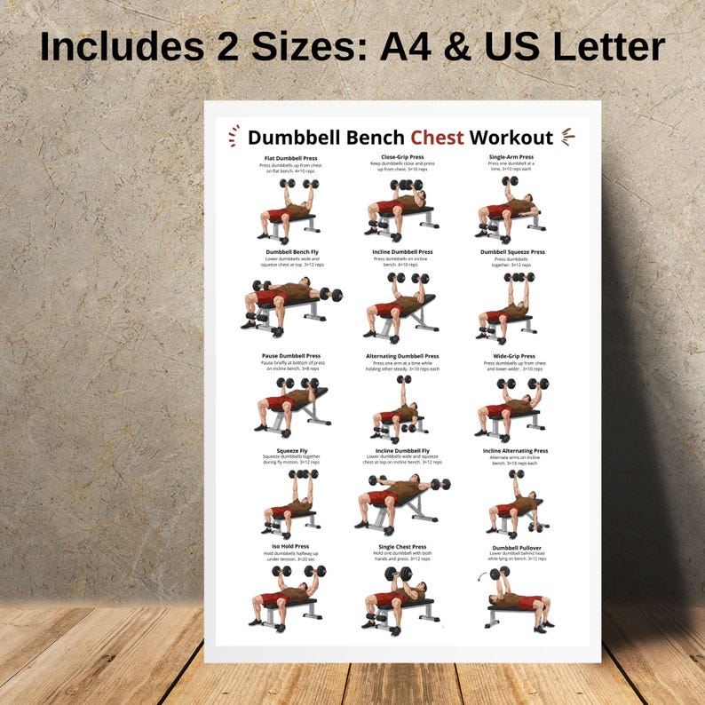 Dumbbell Bench Chest Exercises Poster – Dumbbell Chest Workout on Flat ...