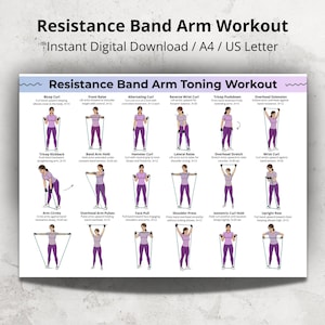 May include: A digital download workout chart for resistance band arm toning. The chart features illustrations of various arm exercises, including bicep curls, front raises, and tricep kickbacks. The text at the top reads "Resistance Band Arm Workout".