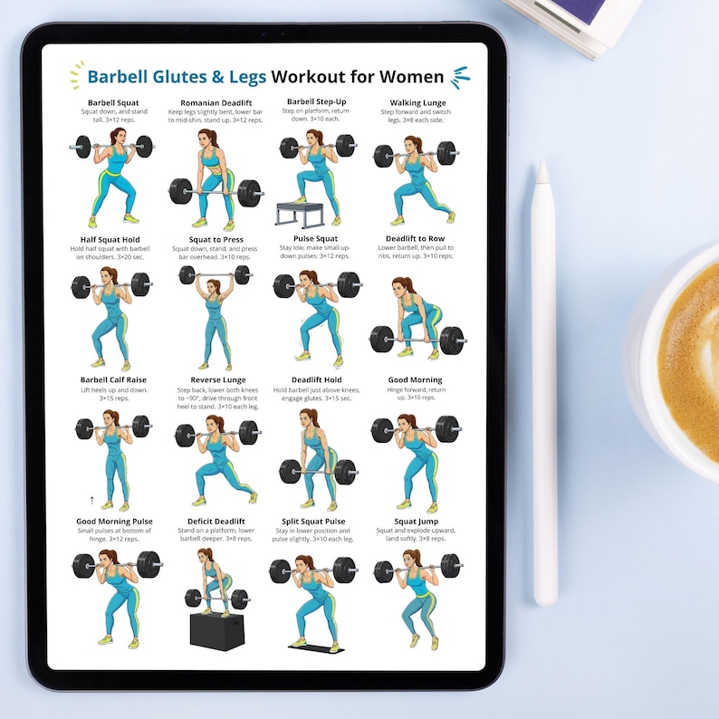 Barbell Glutes and Legs Workout for Women PDF, Barbell Exercise Chart ...