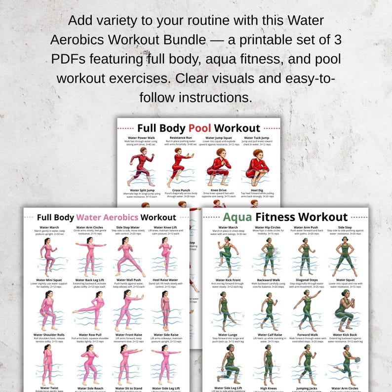 Water Yoga Routine Printable Water Aerobics Workout Bundle PDF, Pool Workout Charts, Aqua Fitness ...