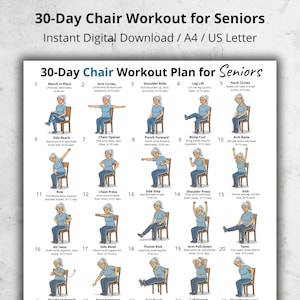 Può includere: Un piano di allenamento digitale per anziani, con 20 esercizi da fare sulla sedia. Il piano include illustrazioni di ogni esercizio con istruzioni. Il titolo recita "30-Day Chair Workout Plan for Seniors."