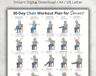 30 Day Chair Workout for Seniors, Seated Exercise Chart Printable PDF, Gentle Daily Routine Poster, Home Workout Wall Art for Elderly