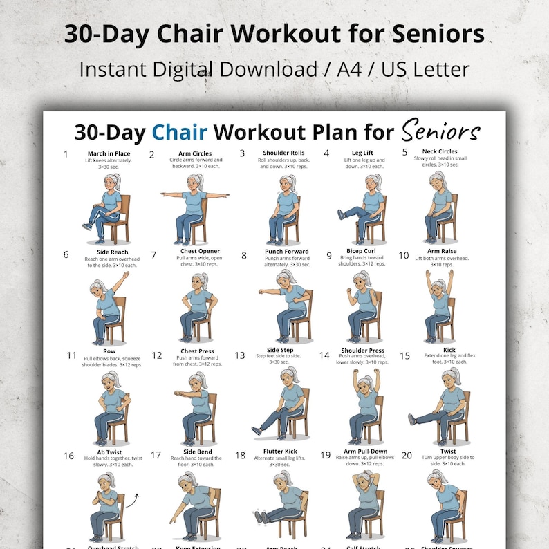Puede incluir: Un plan de entrenamiento digital para personas mayores, con 20 ejercicios en silla. El plan incluye ilustraciones de cada ejercicio con instrucciones. El t&iacute;tulo dice "30-Day Chair Workout Plan for Seniors."