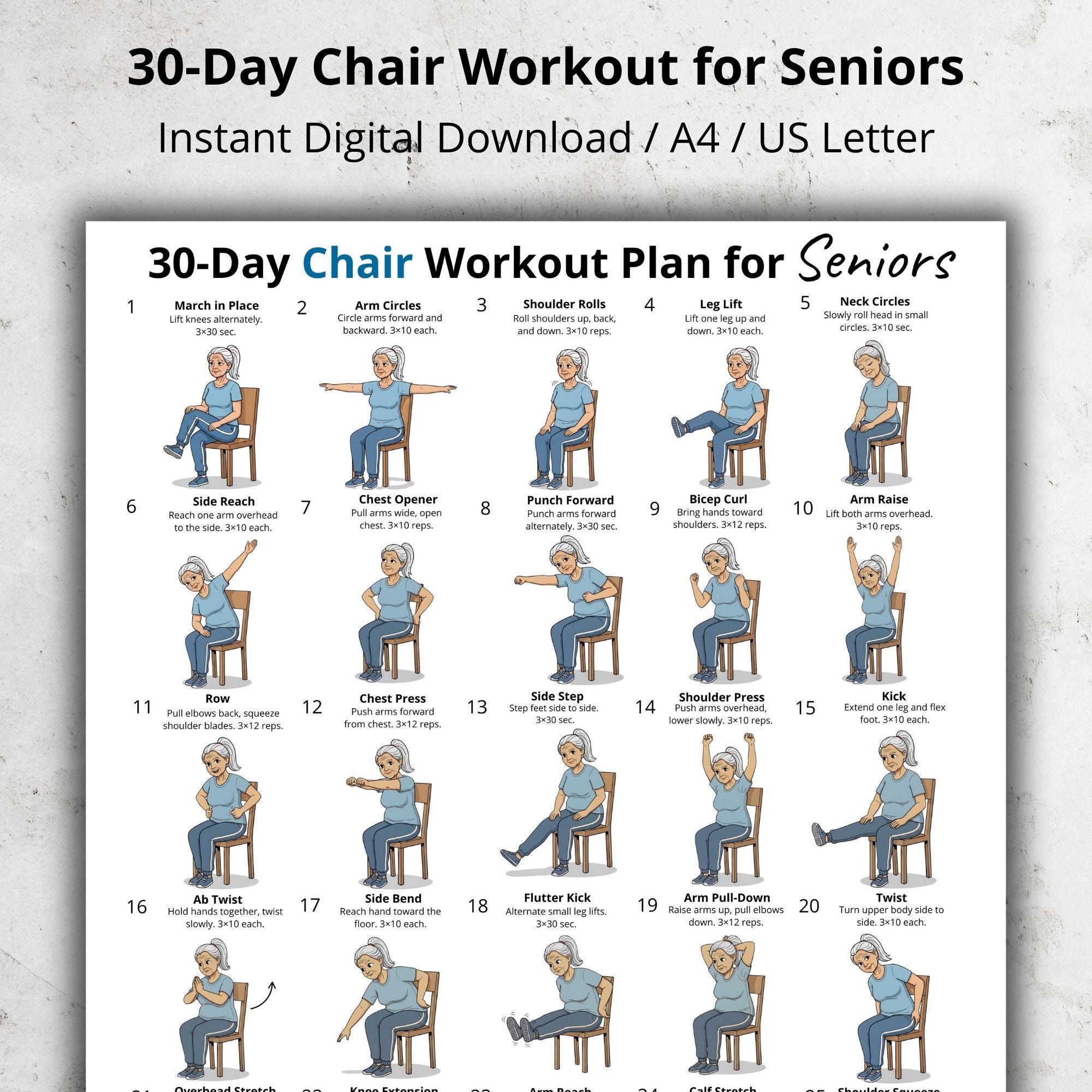 30 Day Chair Workout for Seniors, Seated Exercise Chart Printable PDF ...