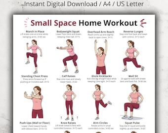 Tabla de ejercicios para hacer en casa en espacios reducidos, ejercicios aptos para apartamentos, ejercicios de pie para todo el cuerpo en casa sin equipo para mujeres, póster en PDF, arte de pared