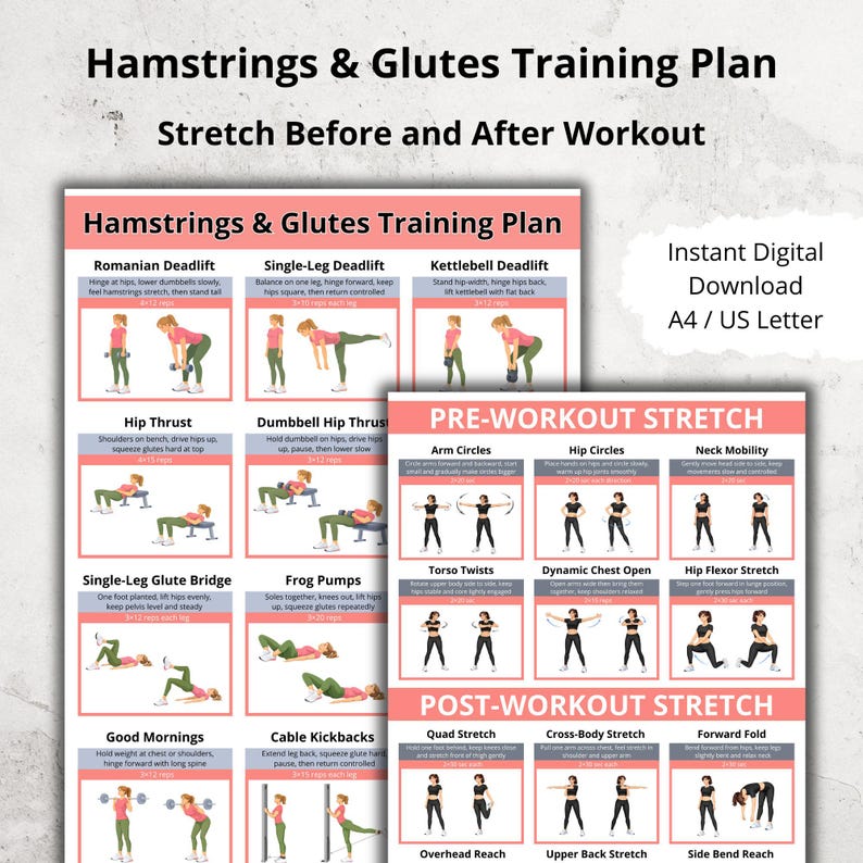Hamstrings and Glutes Workout Poster PDF, Glute and Hamstring Gym ...