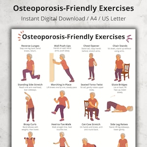 Osteoporosis Exercises Chart - Gentle Low Impact Daily Routine Printable Chart, Seated and Standing Exercises for Seniors and Older Adults