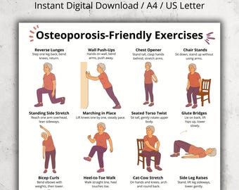 Osteoporosis Exercises Chart - Gentle Low Impact Daily Routine Printable Chart, Seated and Standing Exercises for Seniors and Older Adults