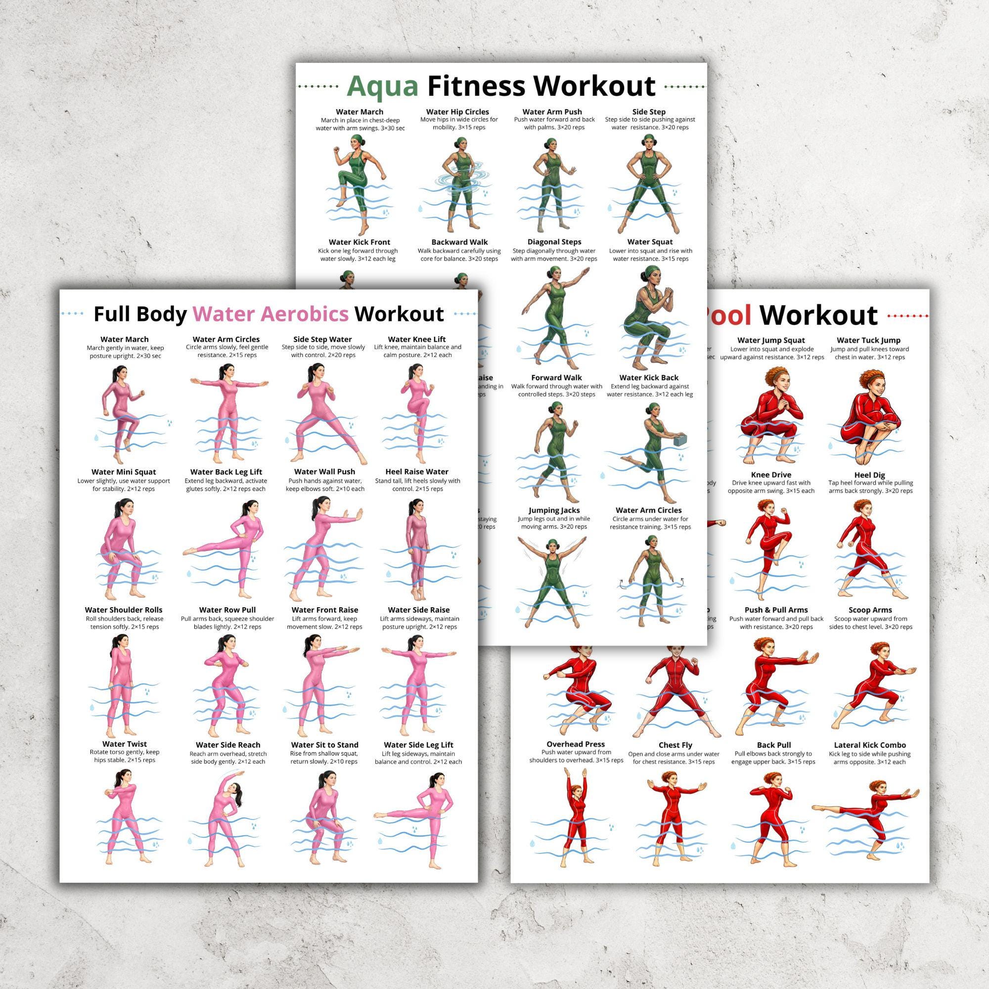 Water Aerobics Workout Bundle PDF, Pool Workout Charts, Aqua Fitness ...