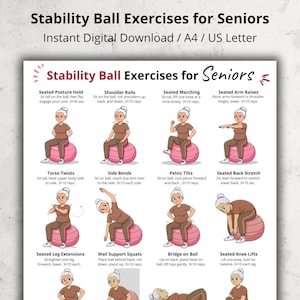 May include: A printable guide titled "Stability Ball Exercises for Seniors" with illustrations of exercises. The exercises include seated posture hold, shoulder rolls, seated marching, arm raises, torso twists, side bends, pelvic tilts, and seated back stretch.