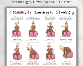 Stability Ball Exercises for Seniors | Balance & Core Printable Workout Chart | Gentle Low Impact Ball Workout Poster PDF for Older Adults