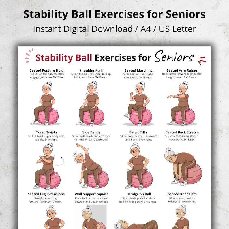 Stability Ball Exercises for Seniors | Balance & Core Printable Workout Chart | Gentle Low ...