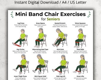 May include: A digital download titled "Mini Band Chair Exercises" for seniors. The image shows illustrated exercises using a mini resistance band while seated. Exercises include leg press, knee opens, seated stretch, glute squeeze, hip circles, and more.