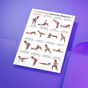 Puede incluir: Un p&oacute;ster blanco titulado "Hamstring Exercise Routine" con ilustraciones de varios ejercicios. Los ejercicios son demostrados por una persona con ropa deportiva rosa y marr&oacute;n. El p&oacute;ster est&aacute; sobre una superficie p&uacute;rpura.