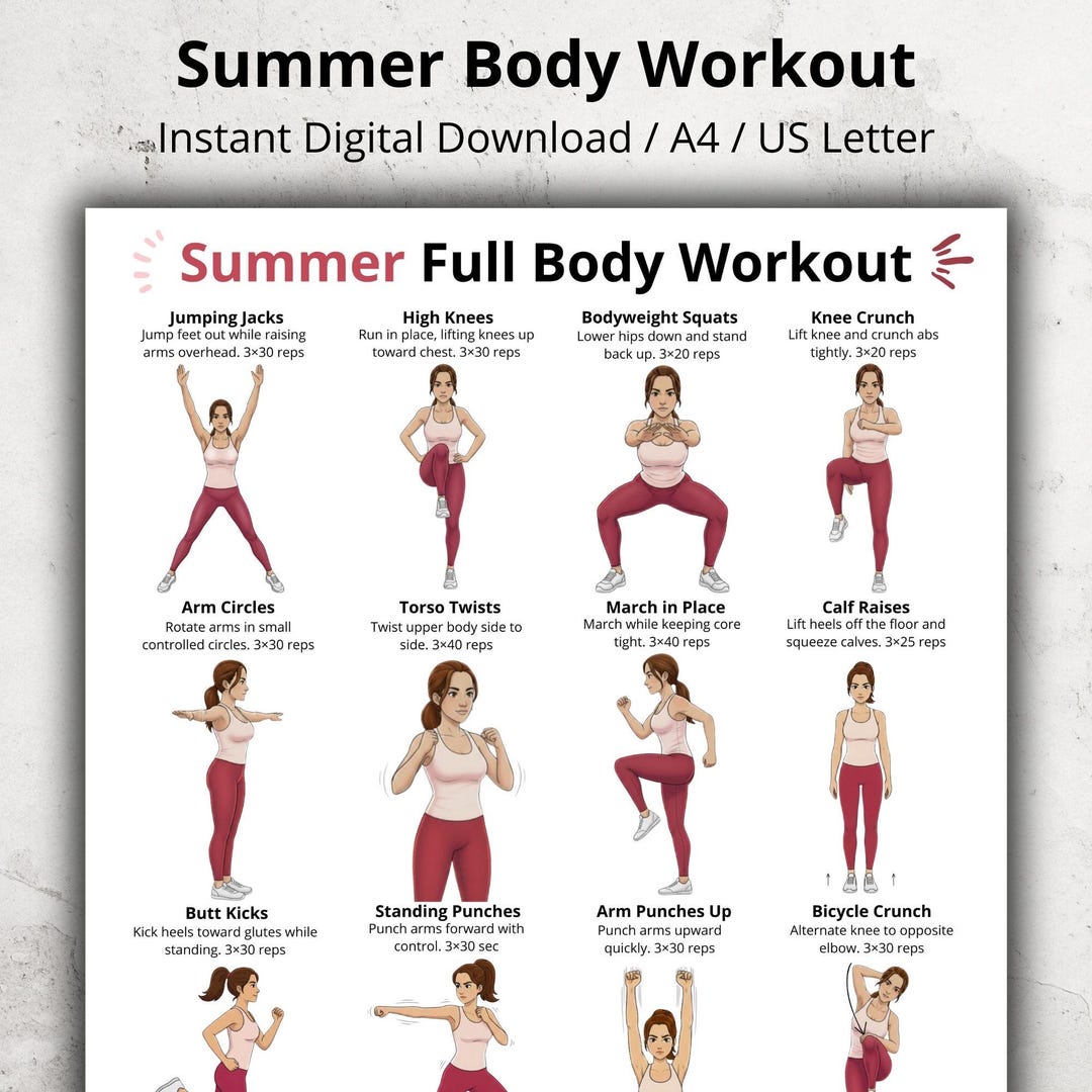 Summer Full Body Workout Printable, Standing Low Impact Bodyweight ...