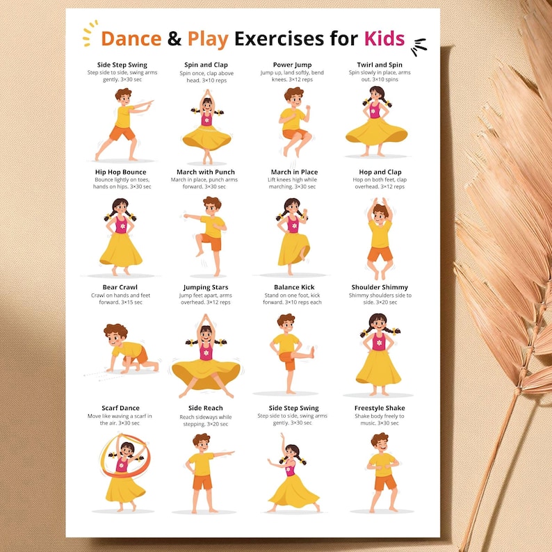 May include: A colorful poster titled "Dance & Play Exercises for Kids" features illustrations of various dance moves. The exercises include Side Step Swing, Spin and Clap, Power Jump, and Twirl and Spin. Each exercise is accompanied by instructions and time or repetition guidelines.