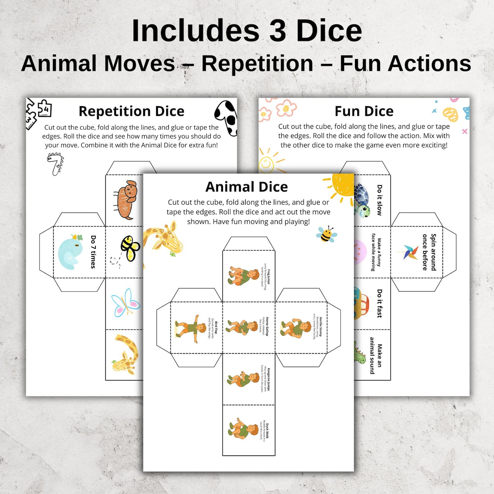 Kids Exercise Dice Set – Printable Movement Game for Kids – 3 Dice Set ...