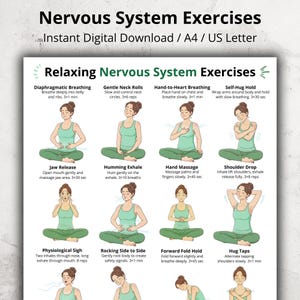 May include: A digital download titled "Nervous System Exercises" with illustrations of yoga poses. The exercises include breathing techniques and gentle movements. The text includes "Instant Digital Download / A4 / US Letter."