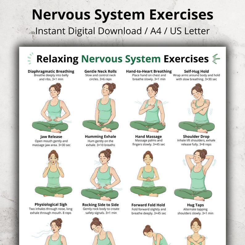 May include: A digital download titled "Nervous System Exercises" with illustrations of yoga poses. The exercises include breathing techniques and gentle movements. The text includes "Instant Digital Download / A4 / US Letter."