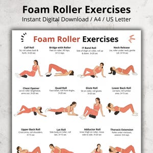 Può includere: Un download digitale stampabile intitolato "Esercizi con rullo in schiuma" in formato A4. Il poster presenta illustrazioni che dimostrano vari esercizi utilizzando un rullo in schiuma, tra cui rotazione del polpaccio, ponte, ecc.