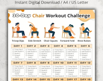 Puede incluir: Un plan de entrenamiento de 30 días en silla, imprimible, con ilustraciones de ejercicios como fondos de tríceps y sentadillas. Descarga digital disponible en formatos A4 y US Letter.