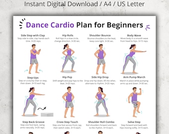 Dance Cardio Workout for Beginners | Fun Home Exercise Chart PDF | Illustrated Dance Moves Poster Printable | Digital Fitness Wall Art