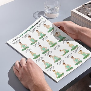 May include: A printed sheet titled "Relaxing Nervous System Exercises" featuring illustrations of various yoga poses. The sheet is held by hands and includes text describing each exercise. A glass of water sits nearby.