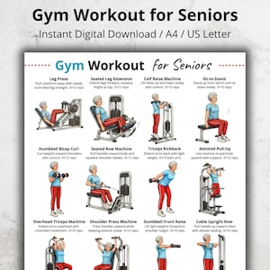 Op de afbeelding: Een digitale download met de titel "Gym Workout for Seniors" met oefenillustraties. De oefeningen omvatten beenpers, zittende beenverlenging, kuitmachine, zit-naar-stand, dumbbell biceps curl, seated row machine, triceps kickback, etc.