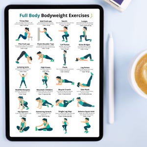 May include: A digital tablet displays a workout guide titled "Full Body Bodyweight Exercises." The guide features illustrated exercises like squats, lunges, and planks, with instructions. A white stylus and a cup of coffee are next to the tablet.
