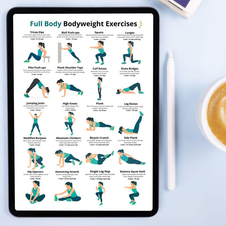 May include: A digital tablet displays a workout guide titled "Full Body Bodyweight Exercises." The guide features illustrated exercises like squats, lunges, and planks, with instructions. A white stylus and a cup of coffee are next to the tablet.