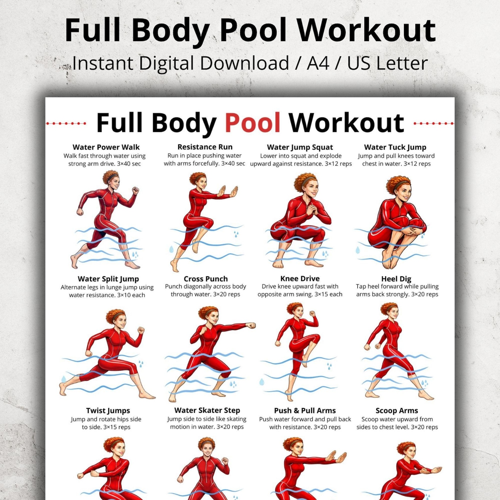 Water Yoga Routine Printable Full Body Pool Workout Printable, Water Workout Exercises Chart, Aqua ...