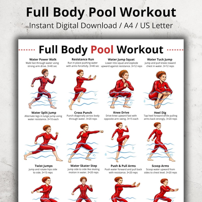 Full Body Pool Workout Printable, Water Workout Exercises Chart, Aqua ...