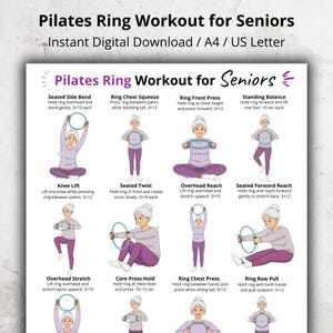 May include: A digital download showing a Pilates ring workout for seniors. The illustrated guide demonstrates exercises such as seated side bends, ring chest squeezes, and overhead reaches. The exercises are designed to improve balance and flexibility.