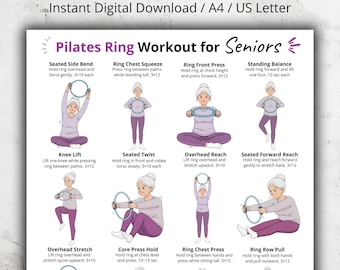 Könnte beinhalten: Ein digitaler Download mit einem Pilates-Ring-Workout für Senioren. Die illustrierte Anleitung zeigt verschiedene Übungen, darunter seitliche Beugungen im Sitzen, Brustpressen mit dem Ring und Überkopf-Reichen. Die Übungen verbessern das Gleichgewicht.