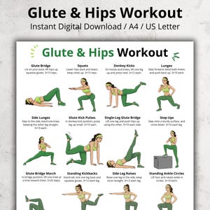 Könnte beinhalten: Ein weißes Trainingsposter mit dem Titel "Glute & Hips Workout" mit Übungsillustrationen. Der Leitfaden enthält Übungen wie Glute Bridge, Squats, Donkey Kicks, Lunges, Side Lunges, Glute Kick Pulses und mehr. Sofortiger digitaler Download.