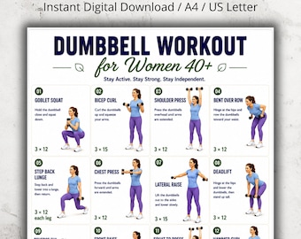 Dumbbell Workout for Women 40+ Printable, Dumbbell Exercises for Women, Full Body Workout, Home Fitness, Women’s Workout Chart