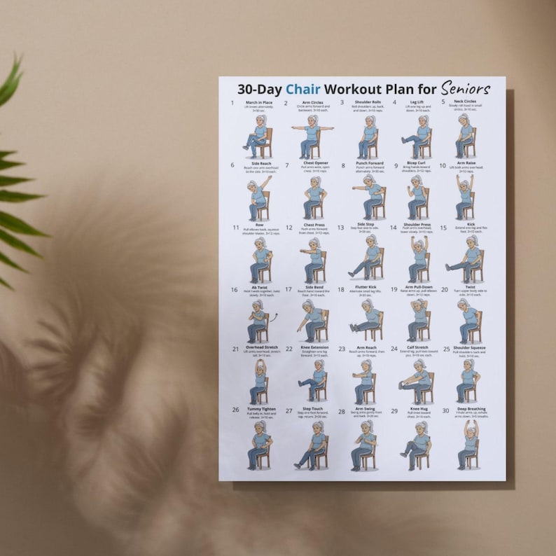 Puede incluir: Un p&oacute;ster blanco titulado "30-Day Chair Workout Plan for Seniors" con ilustraciones de ejercicios. El p&oacute;ster presenta un fondo beige y se muestra en una pared. Los ejercicios est&aacute;n numerados e incluyen descripciones.