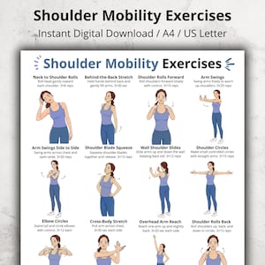 Puede incluir: Una descarga digital titulada "Ejercicios de movilidad del hombro" en tamaños A4 y US Letter. La imagen muestra una serie de ejercicios con ilustraciones e instrucciones, incluyendo rotaciones de cuello, balanceos de brazos y compresión de omóplatos.